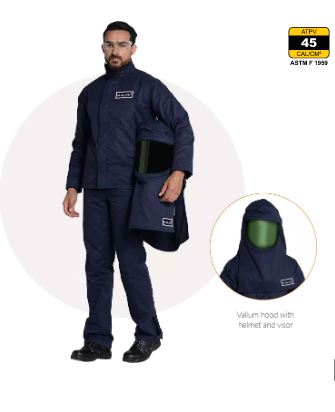 TARAPRO, Vallum 45Cal ARC Flash Suit  Multi Layered Modacrylic Aramid, Multi Fiber Blend, 470gsm, Rip Stop -Ultimate protection from electric arc flash-Category 4 product made using inherently FR lightweight material