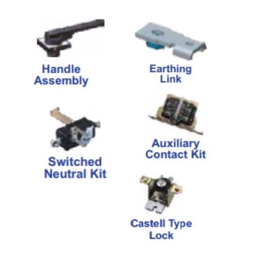 LT Spares for type FN - Handle Assembly - Earthing Link - Switched Neutral Kit - Auxiliary Contact Kit - Castell Type Lock