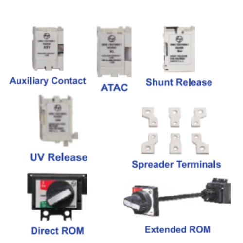 LT Accessories for MCCBs - DU100D / DU125D / DU100H / DU125H - Auxiliary Contact - ATAC - Shunt Release - UV Release - Spreader Terminals - Direct ROM - Extended ROM