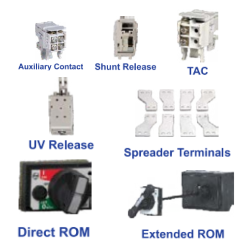 LT Accessories for MCCBs - DY250U1 / DU250C / DU250 / DU400N - Auxiliary Contact - Trip Alarm Contact - Shunt Release - UV Release - Spreader Terminals - Rotary Handle