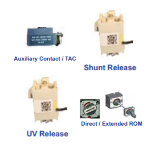 LT d sine DZ1 MCCBs Accessories - Auxiliary Contact - Shunt Release - Under Voltage Release - Rotary Handle - Key Lock - Spreader Terminal